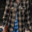  Multicolor Retro Plaid Double Flap Pocket Brushed Shacket