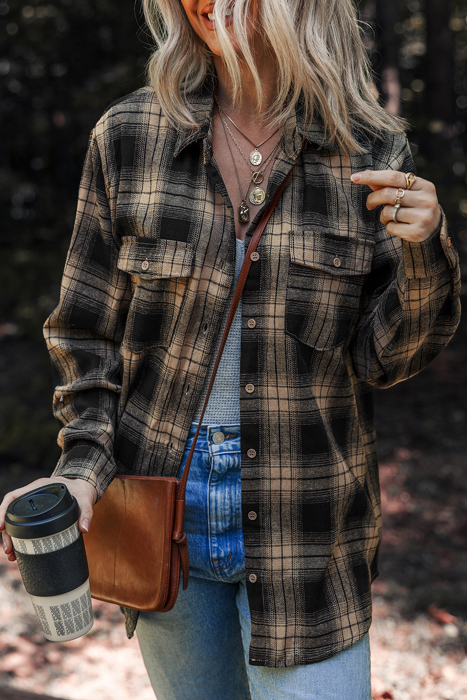 Multicolor Retro Plaid Double Flap Pocket Brushed Shacket