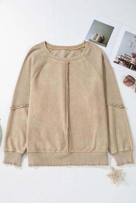 Solid Waffle Knit Patchwork Raglan Sleeve Sweatshirt