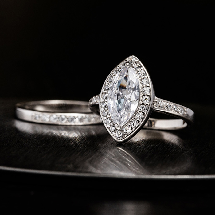 Sterling Silver 925 Engagement Wedding Ring Marquise Halo Micro Pave Rings Bridal Set Simulated Diamonds