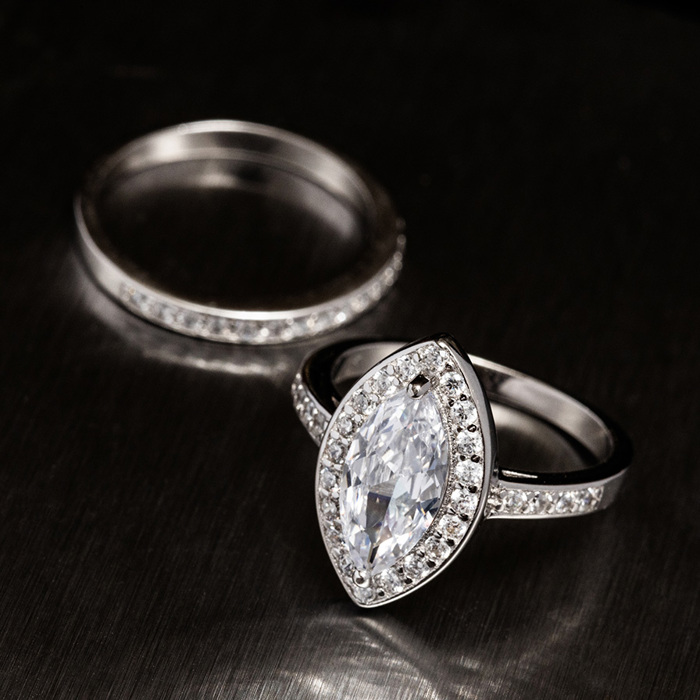 Sterling Silver 925 Engagement Wedding Ring Marquise Halo Micro Pave Rings Bridal Set Simulated Diamonds