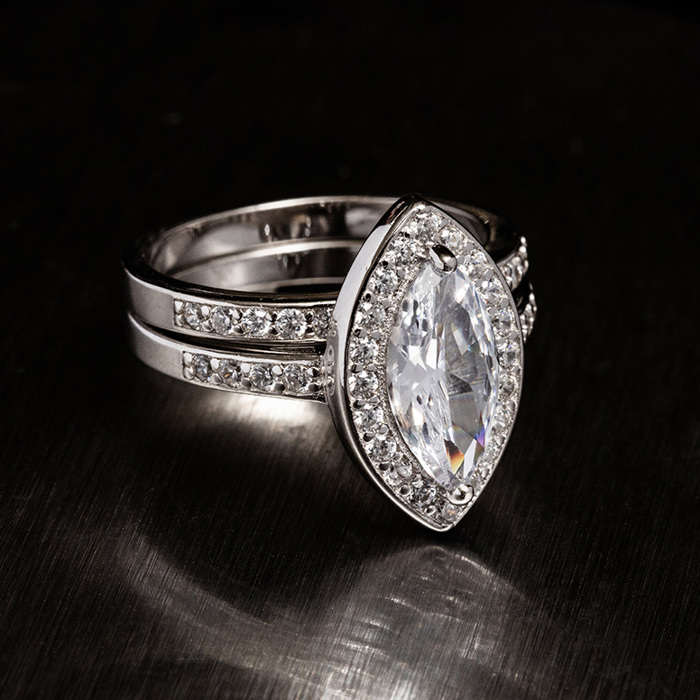 Sterling Silver 925 Engagement Wedding Ring Marquise Halo Micro Pave Rings Bridal Set Simulated Diamonds