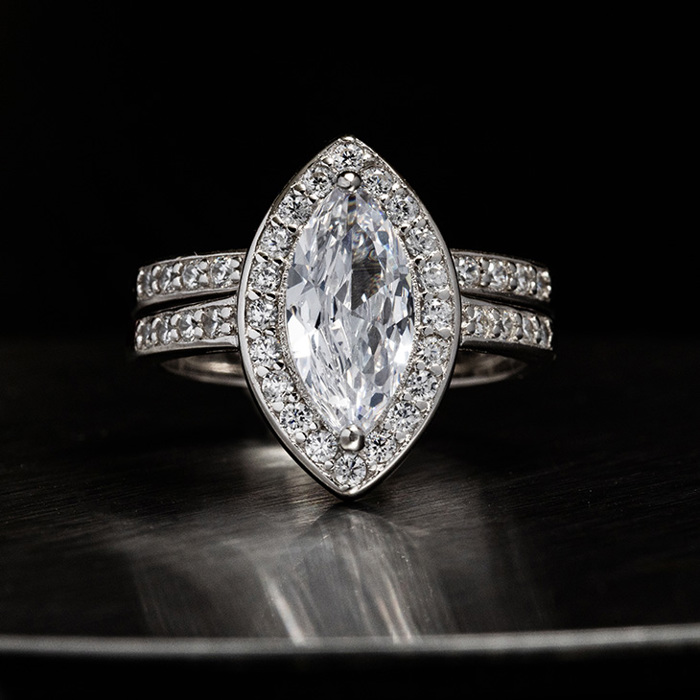 Sterling Silver 925 Engagement Wedding Ring Marquise Halo Micro Pave Rings Bridal Set Simulated Diamonds