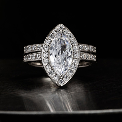 Sterling Silver 925 Engagement Wedding Ring Marquise Halo Micro Pave Rings Bridal Set Simulated Diamonds
