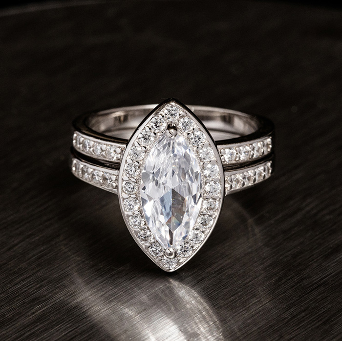 Sterling Silver 925 Engagement Wedding Ring Marquise Halo Micro Pave Rings Bridal Set Simulated Diamonds