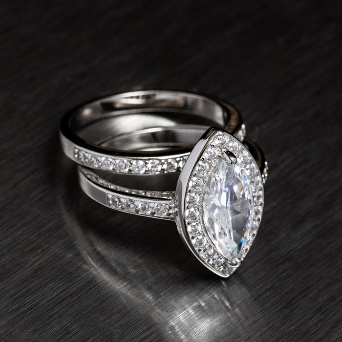 Sterling Silver 925 Engagement Wedding Ring Marquise Halo Micro Pave Rings Bridal Set Simulated Diamonds