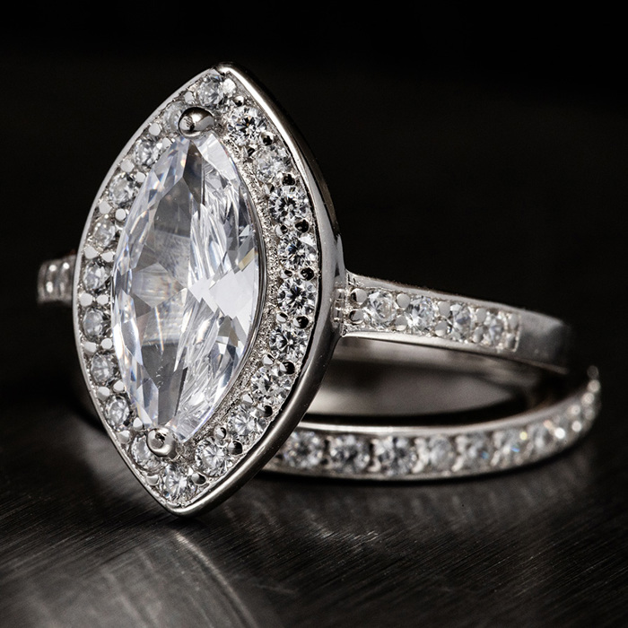Sterling Silver 925 Engagement Wedding Ring Marquise Halo Micro Pave Rings Bridal Set Simulated Diamonds