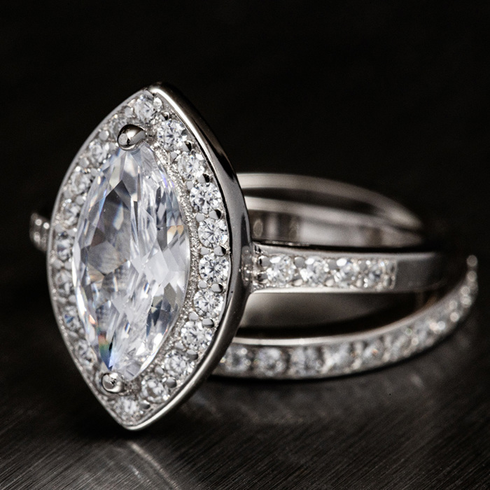 Sterling Silver 925 Engagement Wedding Ring Marquise Halo Micro Pave Rings Bridal Set Simulated Diamonds