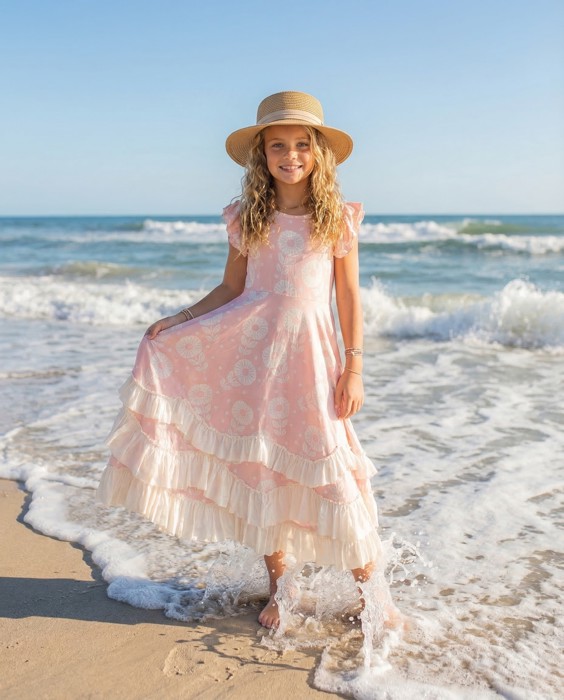 Kids Bella Dusty Pink Daisy Flutter Sleeve Ruffles Dress