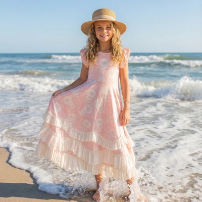 Kids Bella Dusty Pink Daisy Flutter Sleeve Ruffles Dress