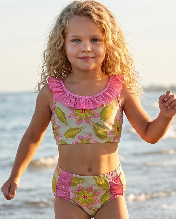 Girls Ava Summer Lime & Pink 2 piece Ruffle Swimsuit