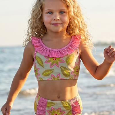 Girls Ava Summer Lime & Pink 2 piece Ruffle Swimsuit