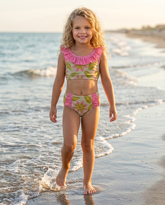 Girls Ava Summer Lime & Pink 2 piece Ruffle Swimsuit