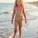  Girls Ava Summer Lime & Pink 2 piece Ruffle Swimsuit