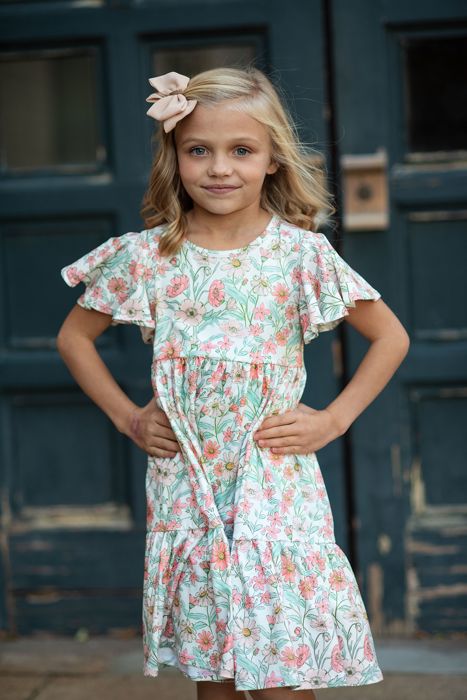 Kids Vintage Beige Floral Flutter Sleeve Dress