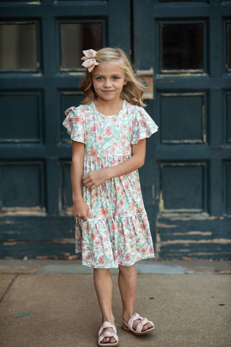 Kids Vintage Beige Floral Flutter Sleeve Dress