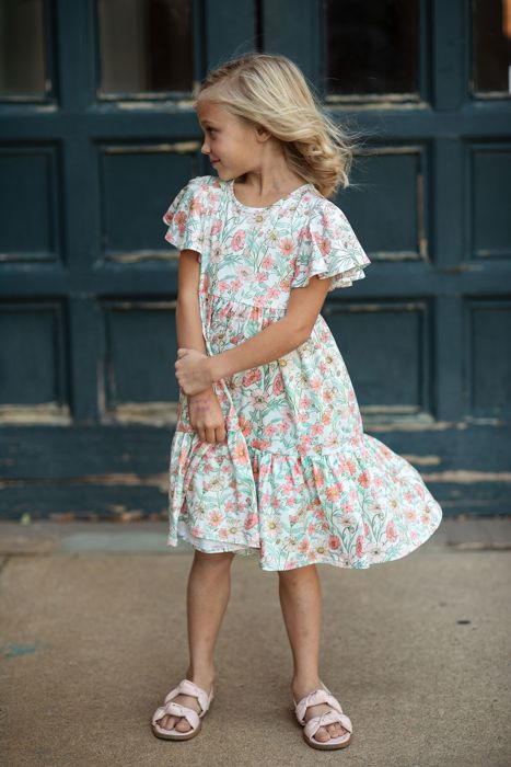 Kids Vintage Beige Floral Flutter Sleeve Dress