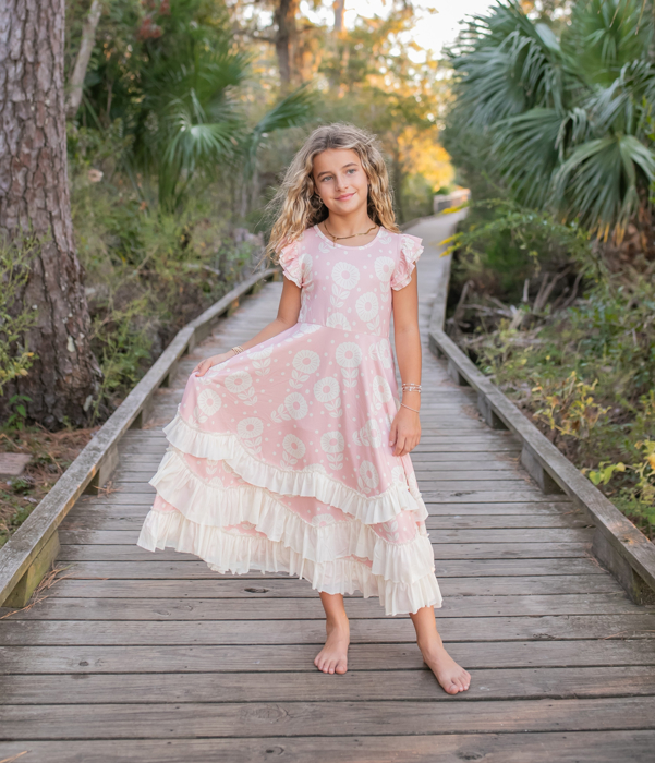 Kids Bella Dusty Pink Daisy Flutter Sleeve Ruffles Dress