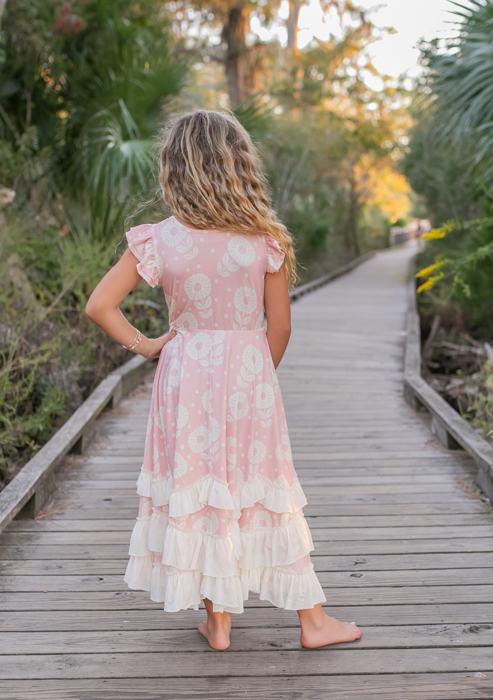 Kids Bella Dusty Pink Daisy Flutter Sleeve Ruffles Dress