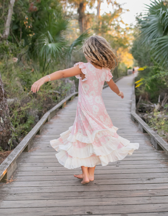 Kids Bella Dusty Pink Daisy Flutter Sleeve Ruffles Dress