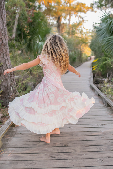 Kids Bella Dusty Pink Daisy Flutter Sleeve Ruffles Dress