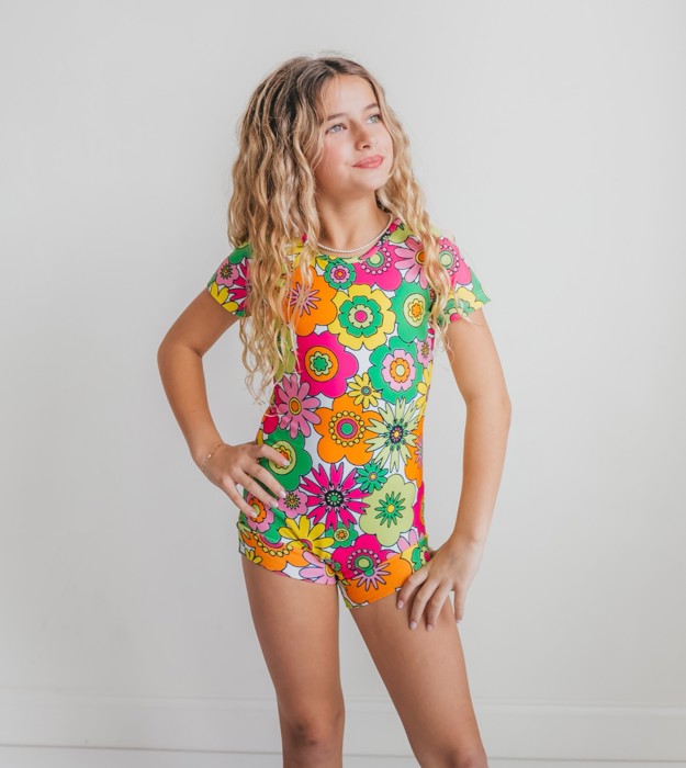 Kids Bright Modern Flower Shortie Dance Gymnastics Leotard