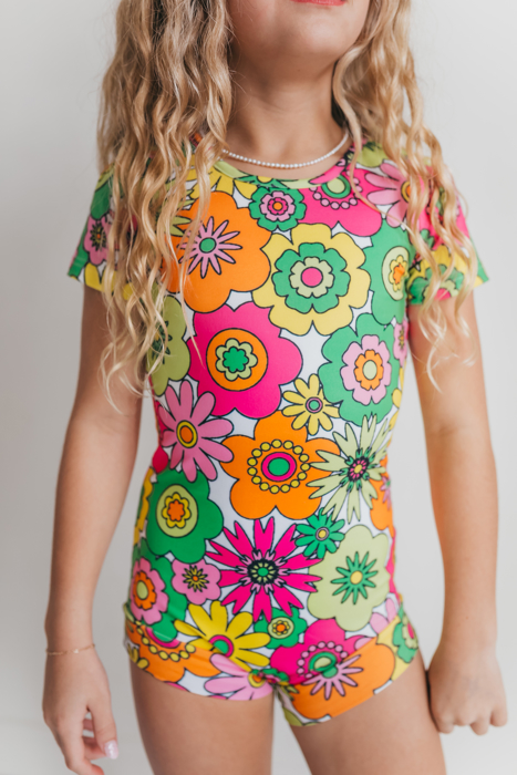 Kids Bright Modern Flower Shortie Dance Gymnastics Leotard