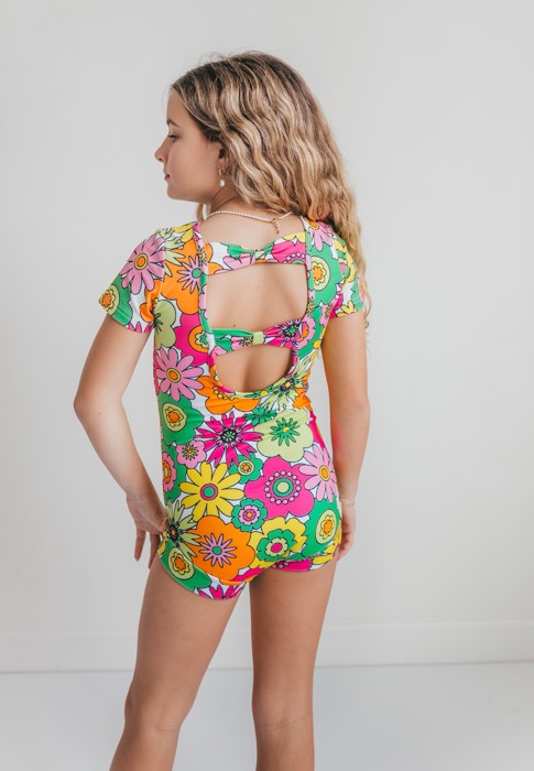Kids Bright Modern Flower Shortie Dance Gymnastics Leotard