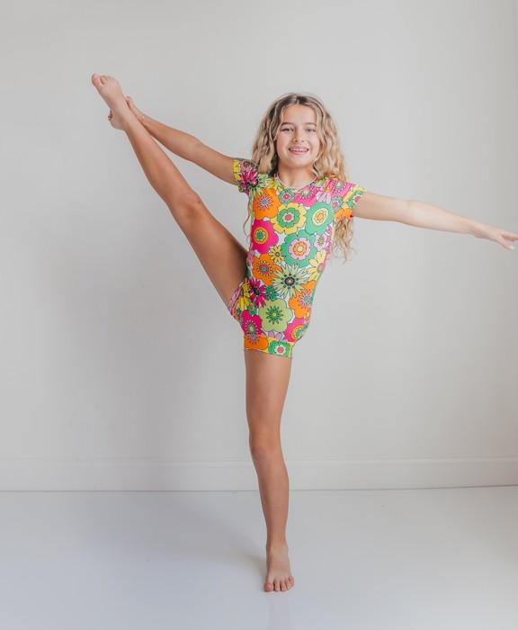 Kids Bright Modern Flower Shortie Dance Gymnastics Leotard