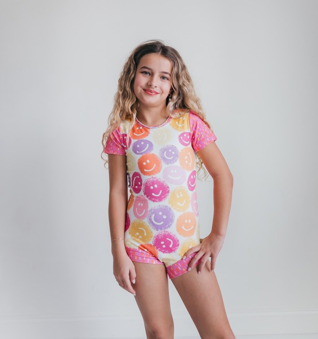 Kids Bright Smiley Bow Shortie Dance Tumble Leotard
