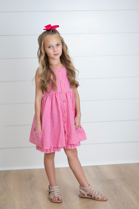 Kids Brooke Hot Pink Gingham Check Pocket Summer Dress