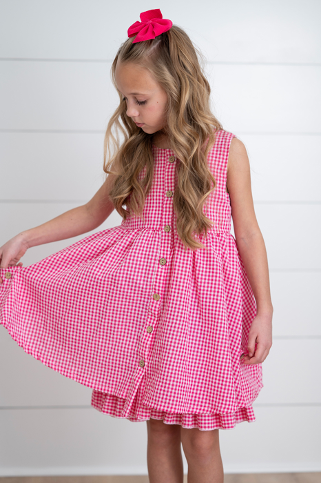 Kids Brooke Hot Pink Gingham Check Pocket Summer Dress