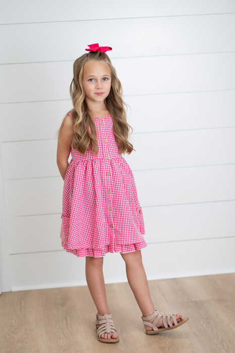 Kids Brooke Hot Pink Gingham Check Pocket Summer Dress