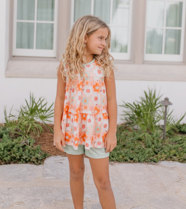 Kids Sage & Rust Retro Flower Summer Short Set