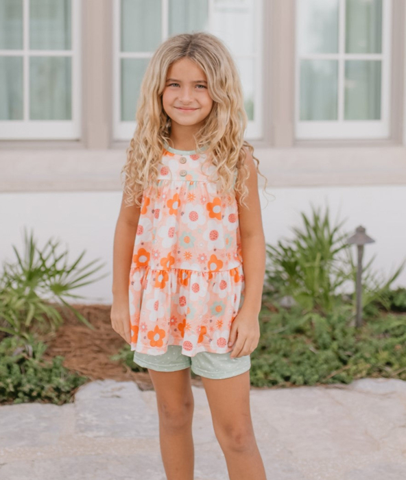 Kids Sage & Rust Retro Flower Summer Short Set