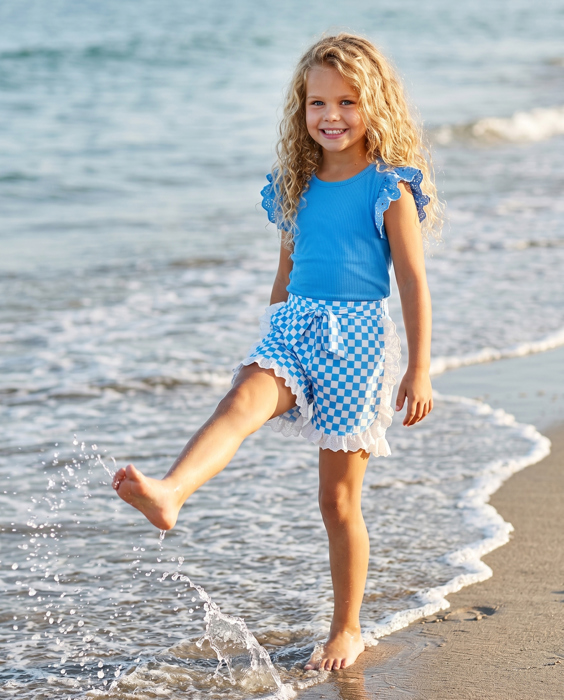 Girls Blue Checkered Lace Ruffle Short Set