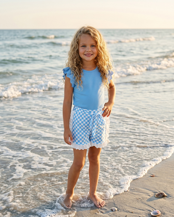 Girls Blue Checkered Lace Ruffle Short Set
