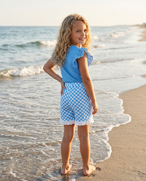 Girls Blue Checkered Lace Ruffle Short Set