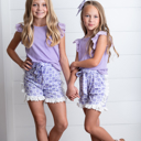  Girls Lavender Checkered Lace Ruffle Summer Short Set