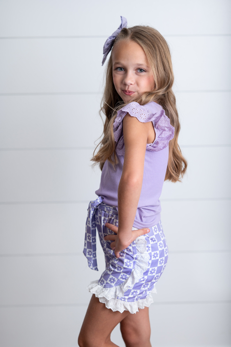 Girls Lavender Checkered Lace Ruffle Summer Short Set