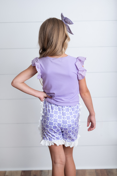 Girls Lavender Checkered Lace Ruffle Summer Short Set