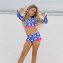  Kids Cleo Blue Palm & Hot Pink 2 Piece Rash Guard Swimsuit