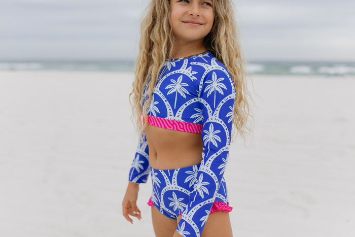 Kids Cleo Blue Palm & Hot Pink 2 Piece Rash Guard Swimsuit