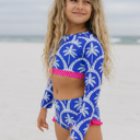  Kids Cleo Blue Palm & Hot Pink 2 Piece Rash Guard Swimsuit