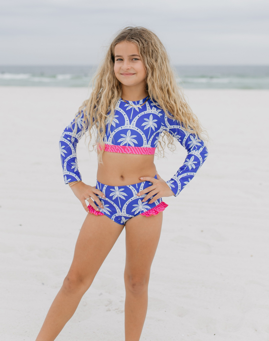 Kids Cleo Blue Palm & Hot Pink 2 Piece Rash Guard Swimsuit