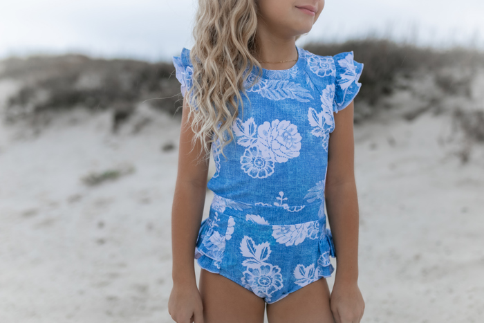 Girls Blue Floral Open Back One Piece Ruffle Swimsuit