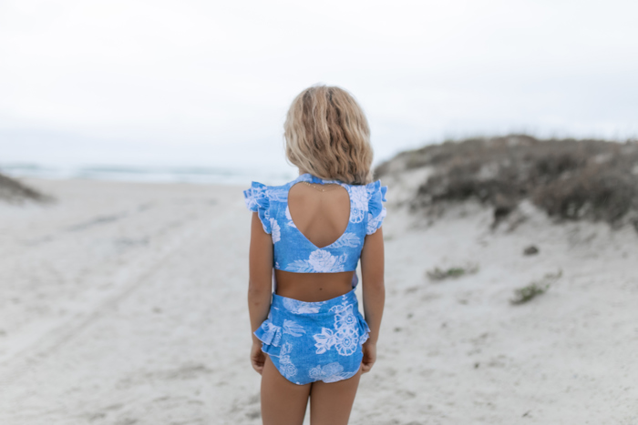 Girls Blue Floral Open Back One Piece Ruffle Swimsuit