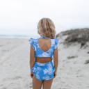  Girls Blue Floral Open Back One Piece Ruffle Swimsuit