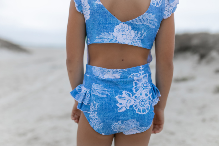 Girls Blue Floral Open Back One Piece Ruffle Swimsuit
