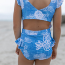  Girls Blue Floral Open Back One Piece Ruffle Swimsuit